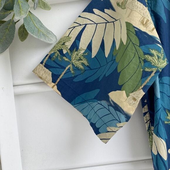 Reyn Spooner Cotton Cardboard Palms Aloha Hawaiian Shirt Blue Green Small - Picture 9 of 11